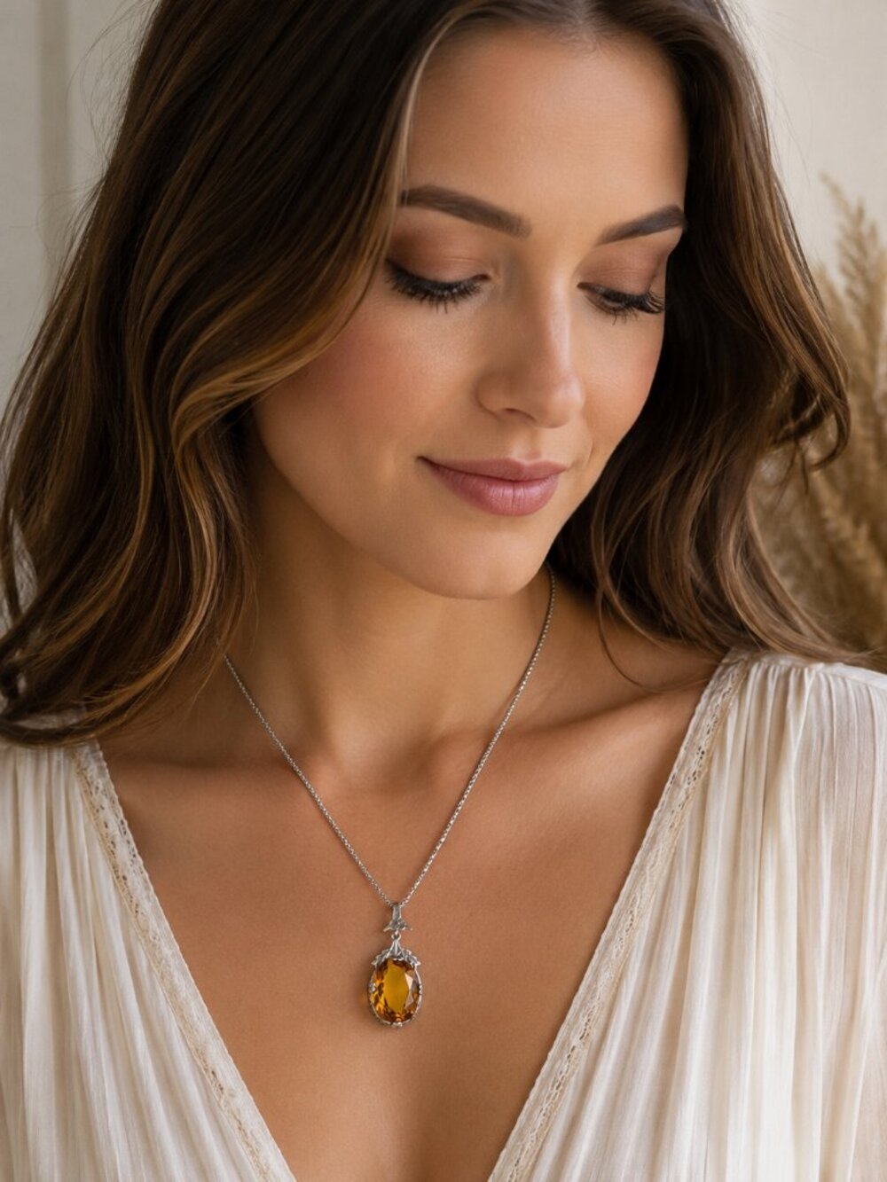 Vintage 925 Sterling Silver Amber Glass Filigree Pendant Necklace Oval